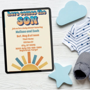 Invitation Voici venir le FILS, Baby Shower Bohème Soleil