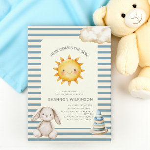Invitation Voici venir le fils bleu rayures crème baby shower