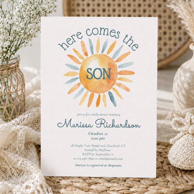 Invitation Voici venir le fils Fête pour bébé garçon (here comes the son baby boy shower invitation, cute retro watercolor sun ray of sunshine)