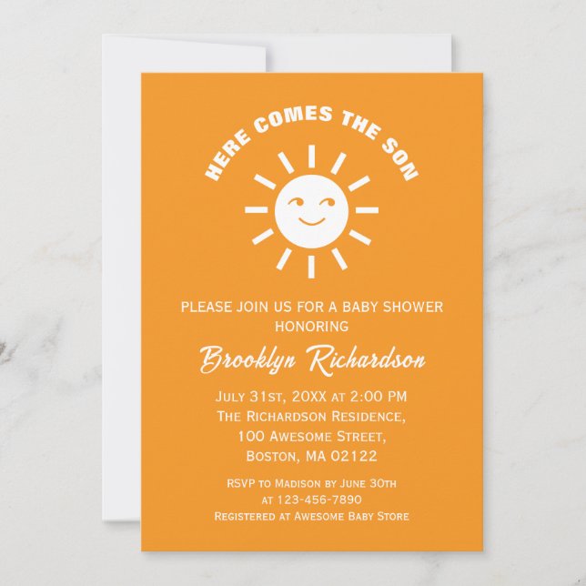 Invitation Voici venir le fils Soleil Orange Blanc Baby Showe (Devant)
