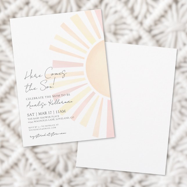 Invitation Voici venir le soleil Boho Baby Shower pour le pet (Here Comes The Son Boho Sun Baby Shower Invitation)