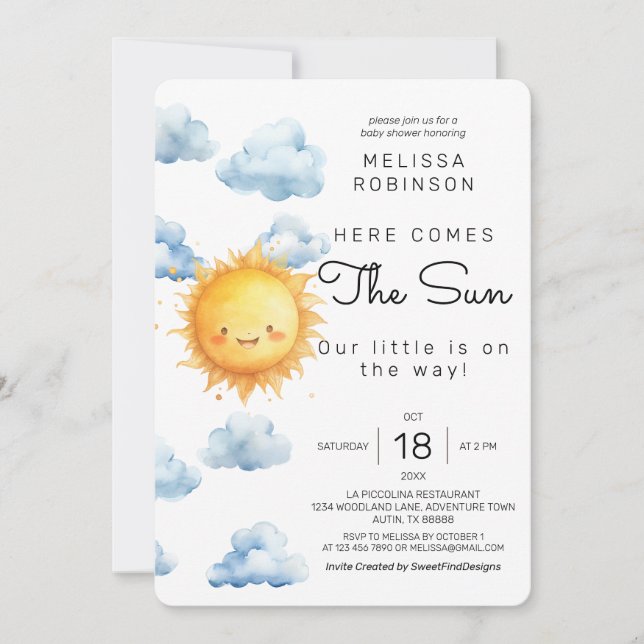 Invitation Voici vient le soleil Aquarelle Bébé Garçon Douche (Devant)