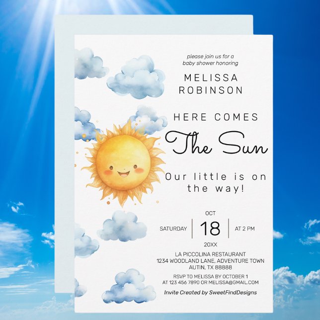 Invitation Voici vient le soleil Aquarelle Bébé Garçon Douche (Here comes the sun Watercolor Baby Boy Shower Invitation)