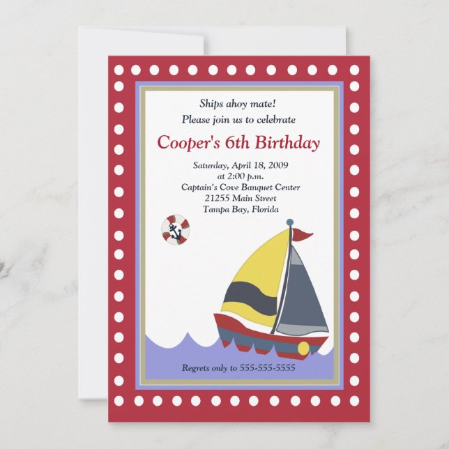 Invitation Voilier Bateau Nautique 5x7 Anniversaire (Devant)