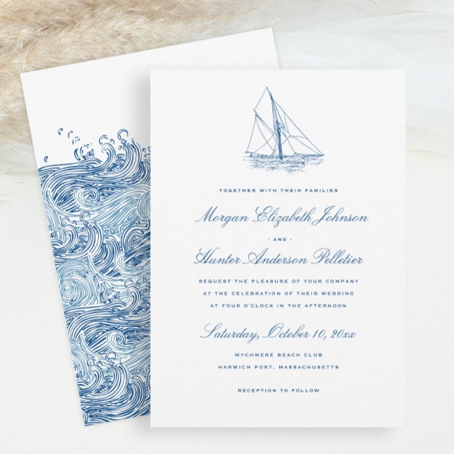 Invitation Voilier et Vagues Elégant Mariage bleu marine (Sailboat and Waves Wedding Invitation for an Elegant Navy Blue Yacht Club or Schooner Wedding)