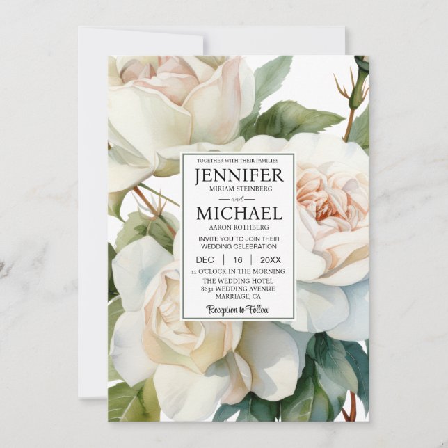 Invitation VOIR DOS Roses Blanches Tout-En-Un Mariage (Devant)