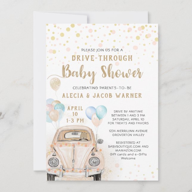 Invitation Voiture Baby shower Pink Gold Peach (Devant)