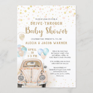 Invitation Voiture Baby shower Pink Gold Peach