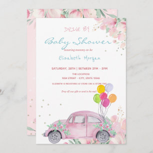 Invitation Voiture Balloons Étoiles Floral Conduite Par Baby