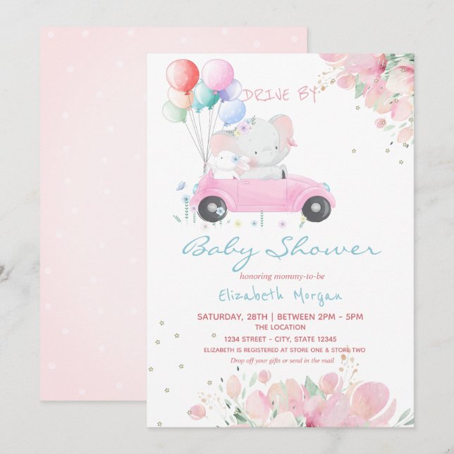 Invitation Voiture Balloons Floral Drive Par Baby shower (Devant / Derrière)