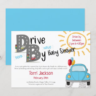 Invitation Voiture bleue Baby shower et ballons