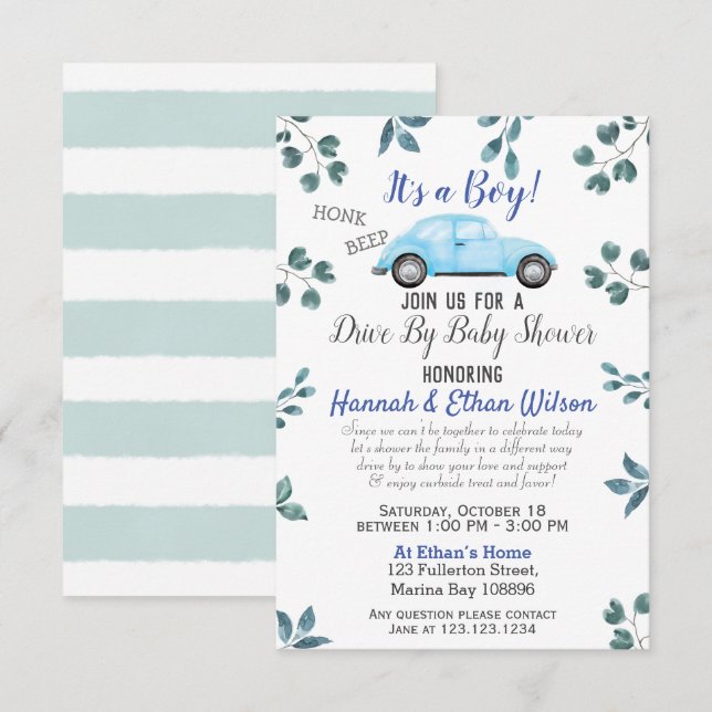 Invitation Voiture Bleue & Parade Verdure Par Baby shower (Devant / Derrière)