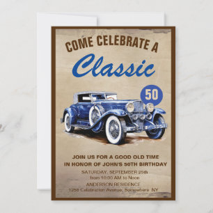 Invitation Voiture Bleue Vintage Classique Cinquante Annivers