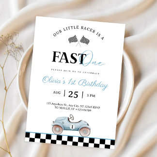 Invitation Voiture Bleue Vintage Rapide UNE Course 1er Annive