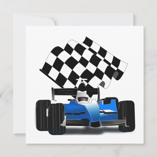 Invitation Voiture Blue Race avec drapeau À damiers (Devant)
