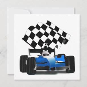 Invitation Voiture Blue Race avec drapeau À damiers