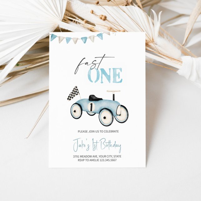 Invitation Voiture Blue Retro Race Ride On Anniversaire Invit (Créateur téléchargé)