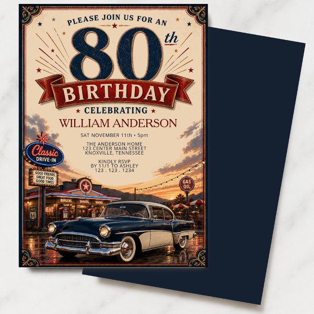 Invitation Voiture Classique Ancienne 80e Anniversaire (Créateur téléchargé)