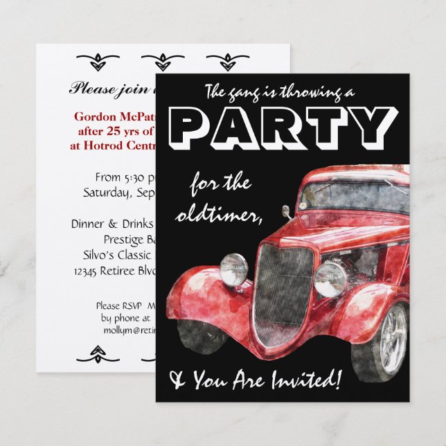 Invitation Voiture classique de Hotrod de partie de retraite (Devant / Derrière)