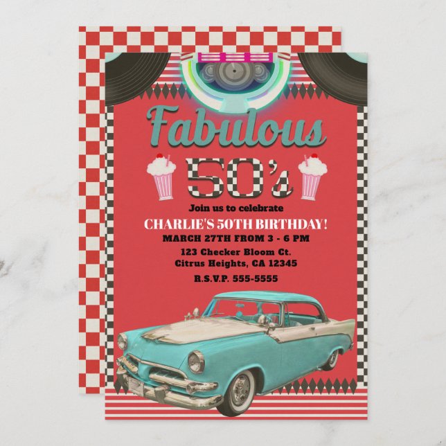 Invitation Voiture Classique Rétro Années 50 Fête 50 (Devant / Derrière)