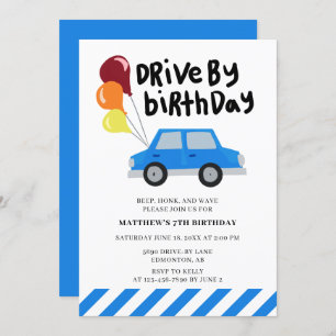Invitation Voiture d'anniversaire mignon Bleu Ballons de voit