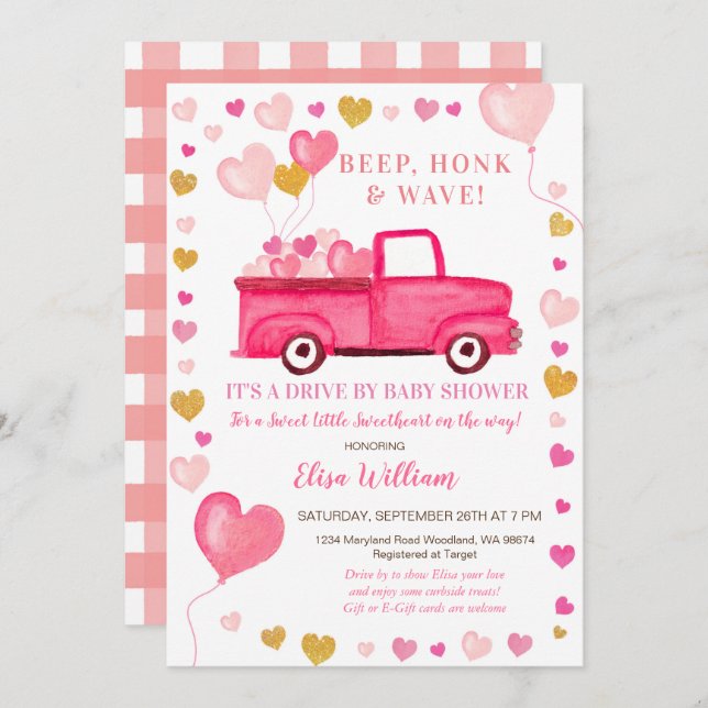Invitation Voiture De Camion Pink Valentine Par Baby shower (Devant / Derrière)