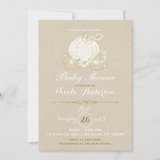 Invitation Voiture de Cendrillon en or Kraft Baby Shower Mode (Devant)