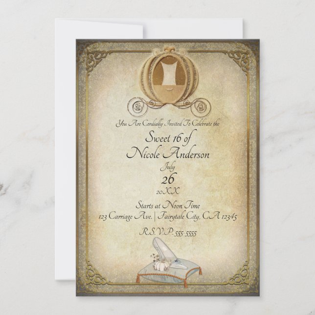 Invitation Voiture de Cendrillon et Pantoufle Douce 16 ans (Devant)