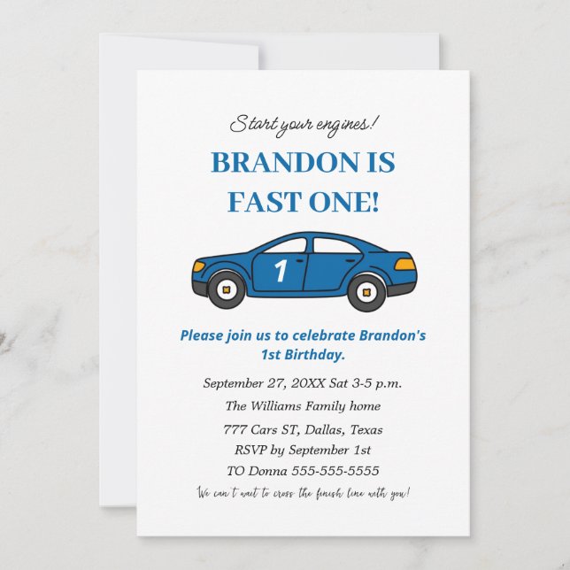 Invitation Voiture de course 1er anniversaire Garçon Blue Enf (Devant)