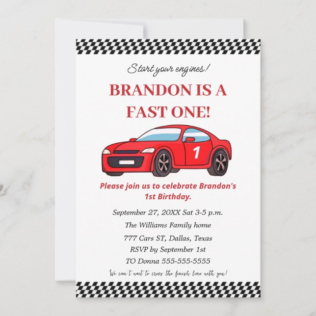 Invitation Voiture de course 1er anniversaire Garçon Red Kids (Devant)