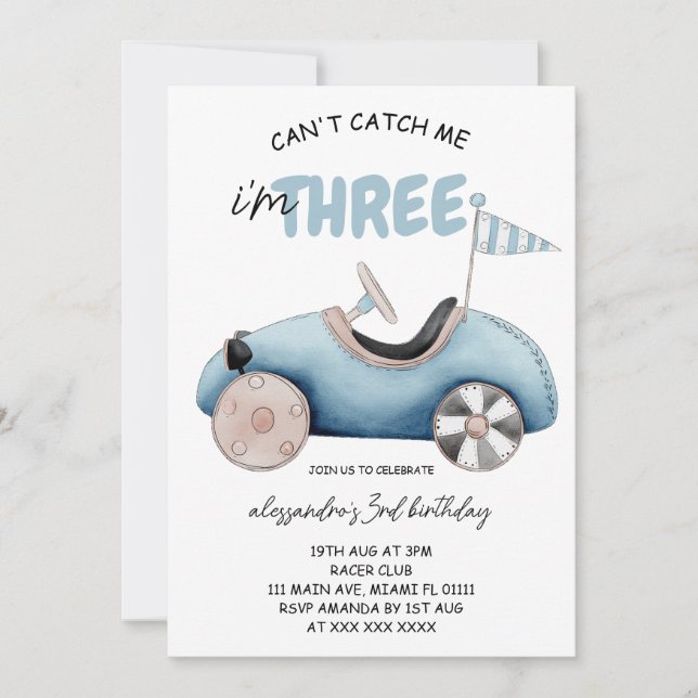 Invitation Voiture de course bleue 3e anniversaire (Devant)