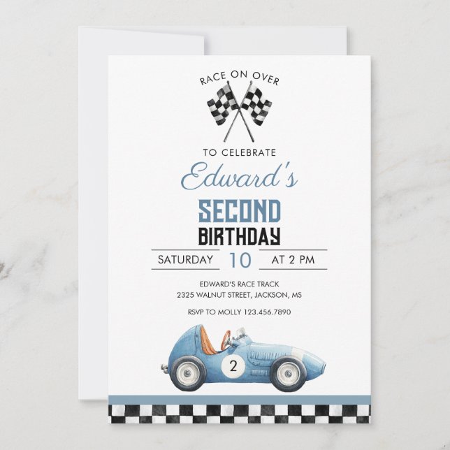 Invitation Voiture de course bleue Anniversaire tout âge (Devant)