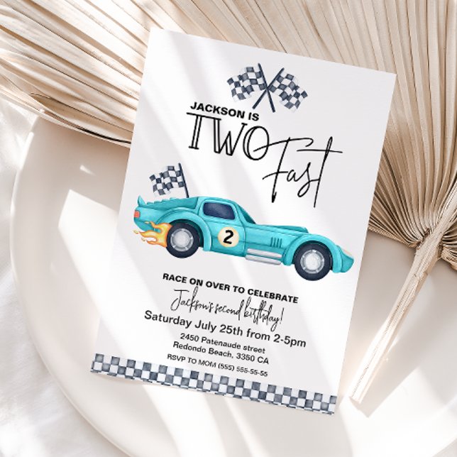 Invitation Voiture de course bleue DEUX RAPIDE fête d'anniver (Two Fast birthday invitation blue vintage race car)