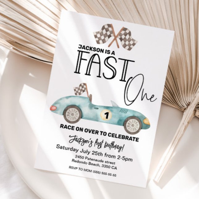Invitation Voiture de course bleue FAST ONE 1er anniversaire (FAst one birthday invitation, 1st birthday)