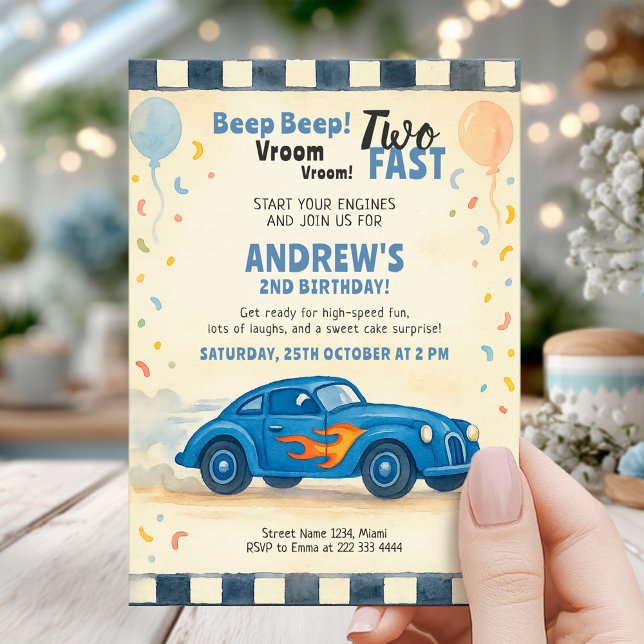 Invitation Voiture de course bleue pour le deuxième anniversa (Créateur téléchargé)