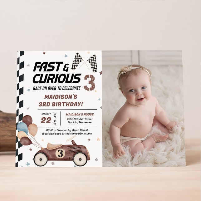 Invitation Voiture de course Brown rapide et curieux 3e anniv (Créateur téléchargé)