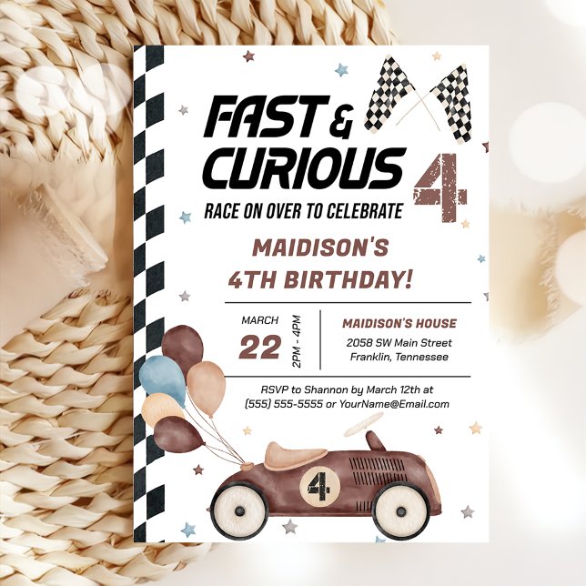 Invitation Voiture de course Brown rapide et curieux 4ème ann (Créateur téléchargé)