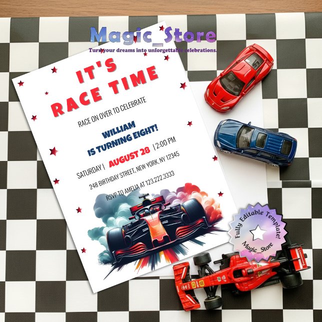 Invitation Voiture de course de Formule rouge Fumée Étoiles F (Créateur téléchargé)