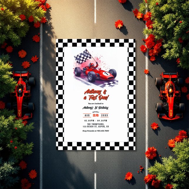 Invitation Voiture de course "Fast One" 1er anniversaire fête ("Fast One" Race Car 1st Birthday Party Invitation)