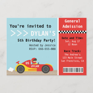 Invitation Voiture de course, fête d'anniversaire, billet