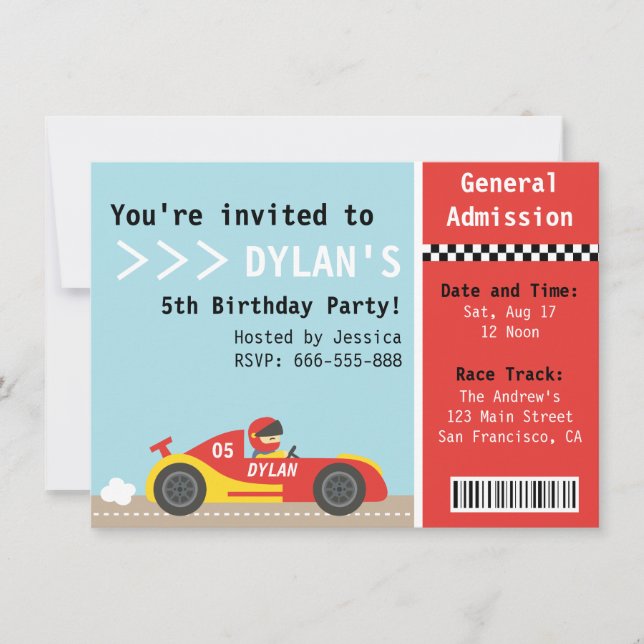 Invitation Voiture de Course, Fête d'Anniversaire, Billet d'E (Devant)
