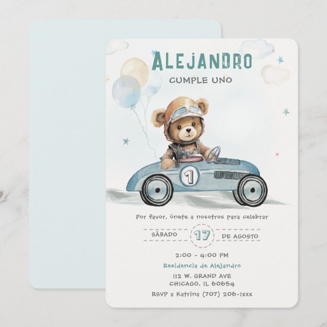 Invitation Voiture de Course Ourson Bébé Premier Anniversaire (Devant / Derrière)