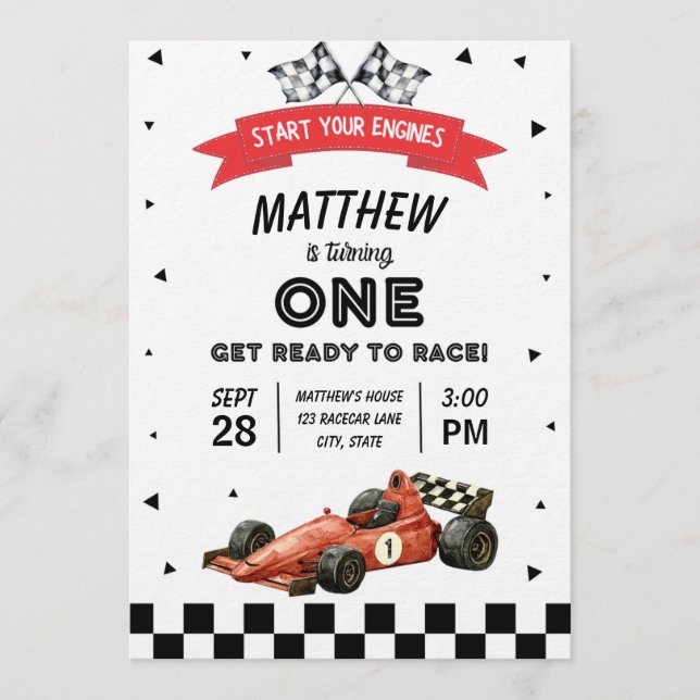 Invitation Voiture de course Premier anniversaire aquarelle r (Devant)
