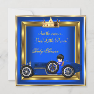 Invitation Voiture de course Prince Baby shower Blue Gold Boy