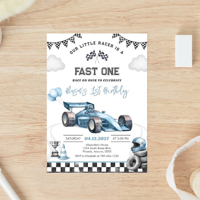 Invitation Voiture de course rapide bleue premier 1er anniver (Créateur téléchargé)
