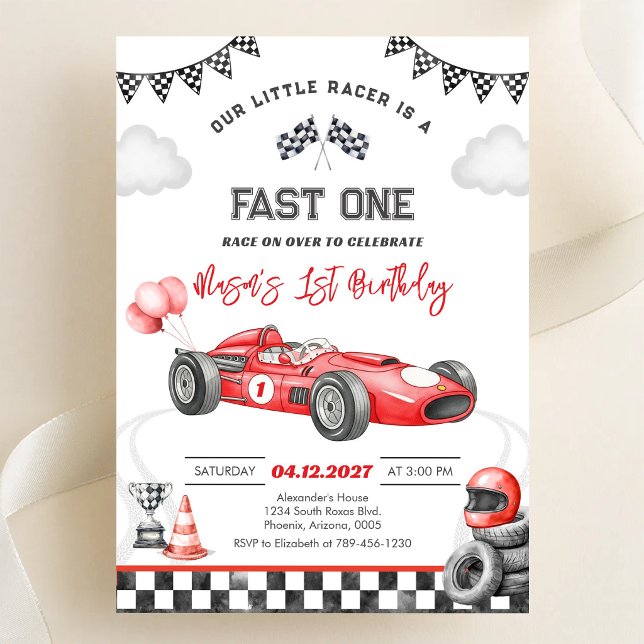 Invitation Voiture de course rapide rouge premier 1er garçon  (Créateur téléchargé)