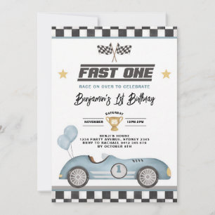 Invitation Voiture de course rétro bleu Fast One pour garçon