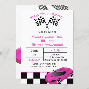 Invitation Voiture de course rose Anniversaire de enfant pe