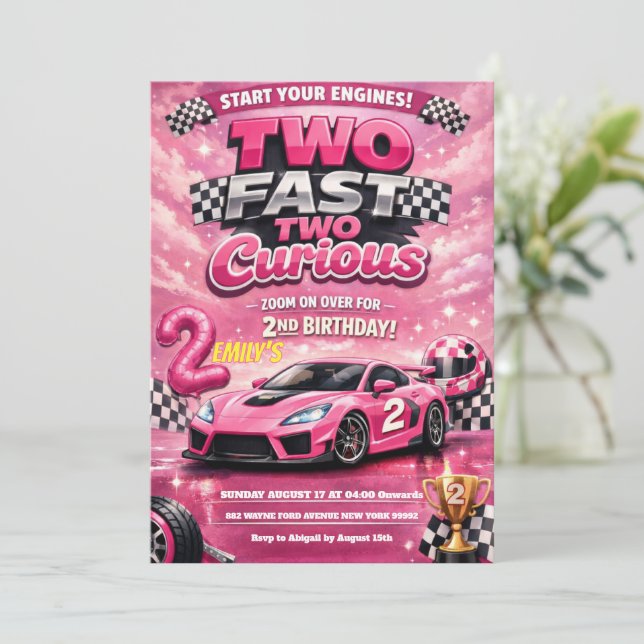 Invitation Voiture de course rose Deux Rapides Deux Curieux 2 (Debout devant)