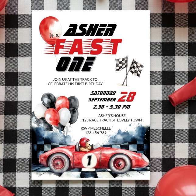 Invitation Voiture de course rouge rapide Un 1er anniversaire (Fast One 1st birthday invitation with red racing car )